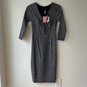 Vixen By Micheline Pitt Miss Kitty Striped Wiggle Midi Dress S NWT